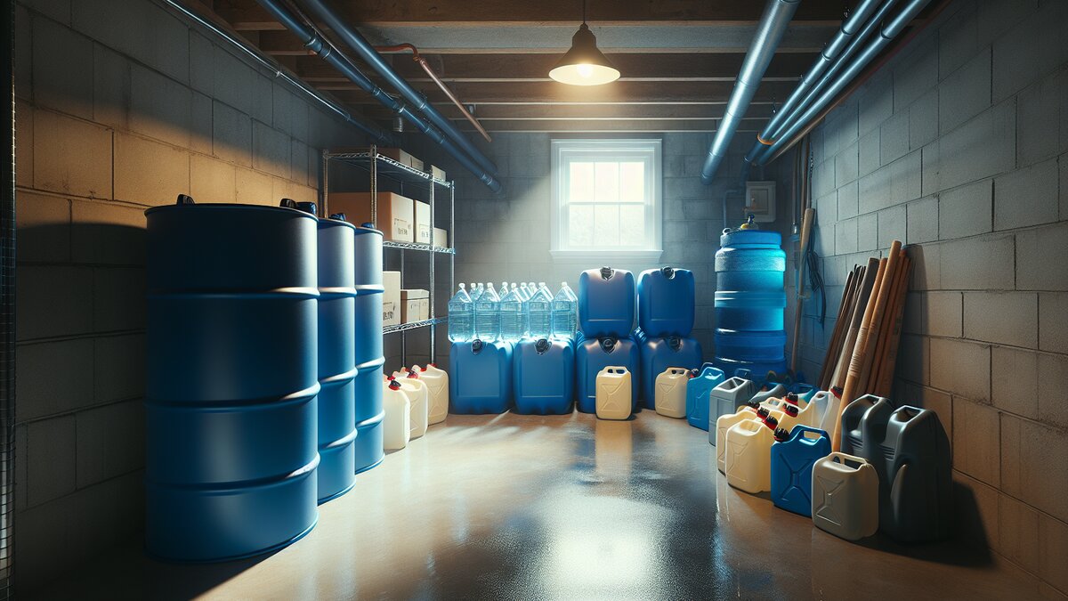 Emergency water storage containers including 55-gallon barrels and portable water jugs arranged in basement storage
