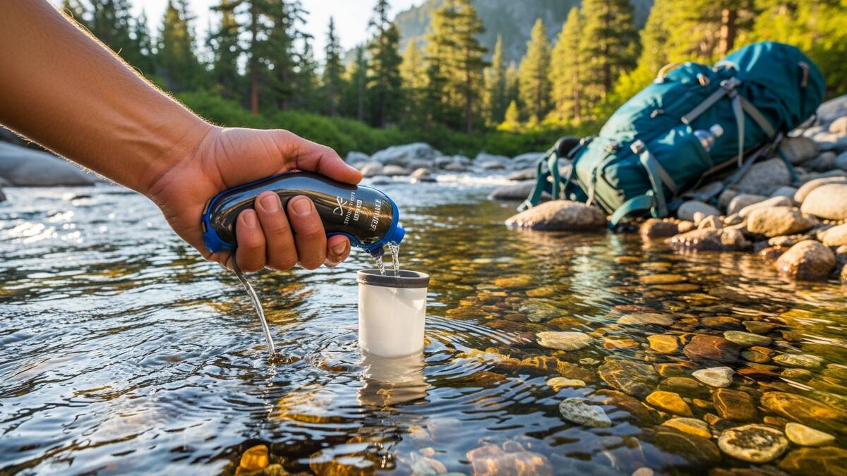 Hiker using a portable water filter to drink clean water from a mountain stream during a backcountry hiking trip