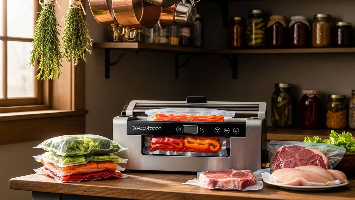 Best vacuum sealers for long-term food storage - vacuum sealer with sealed vegetables and meat on kitchen counter