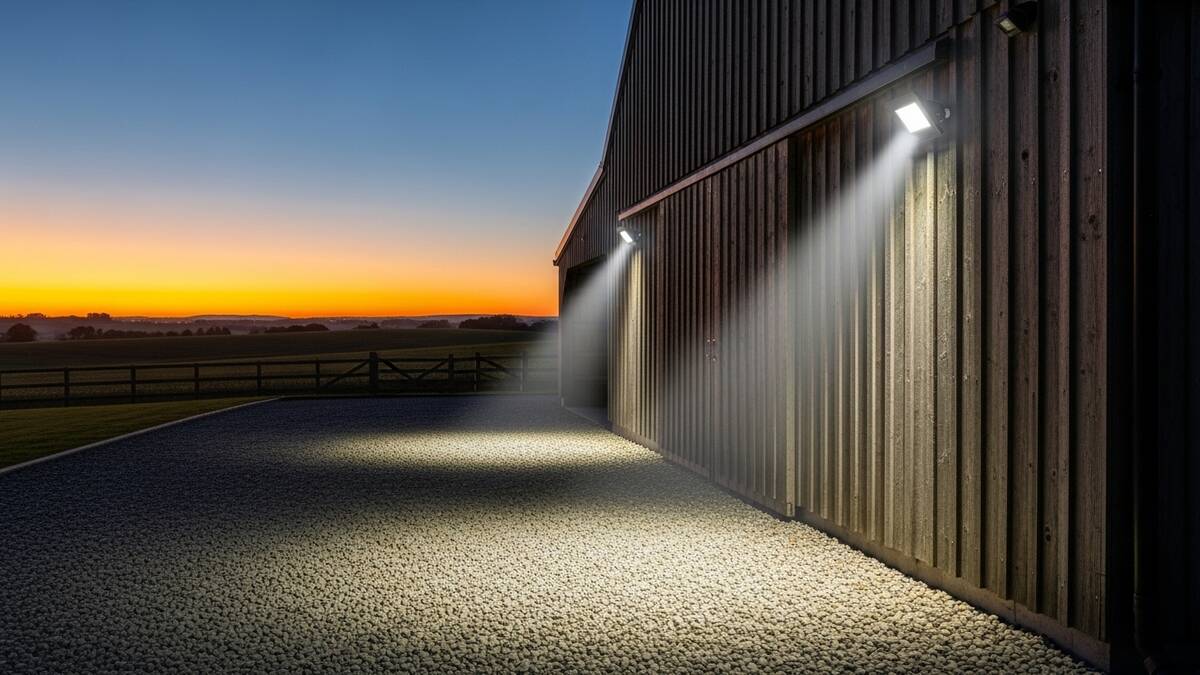 Best motion sensor light outdoor security lights illuminating a rural property barn at dusk