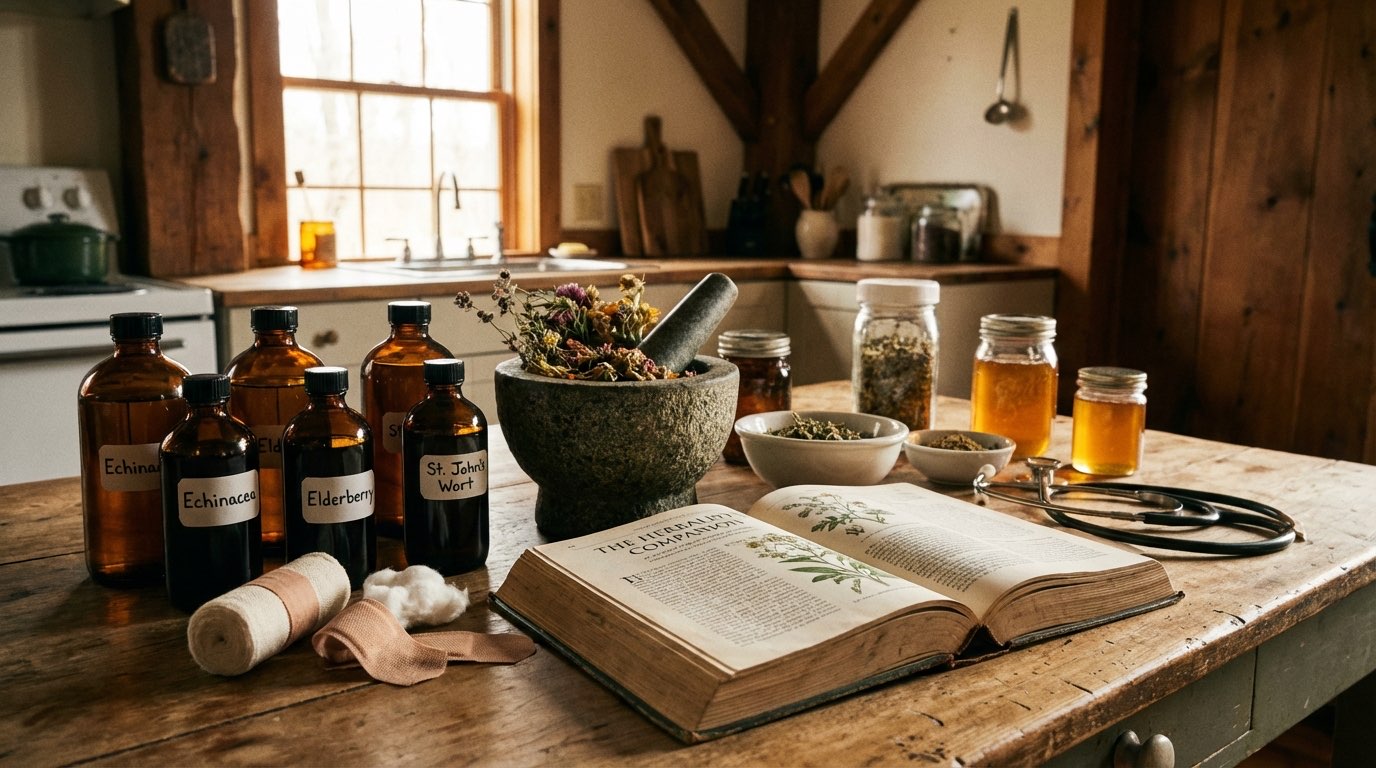 Home medicine setup with herbal tinctures, mortar and pestle, medical reference book, bandages and stethoscope on farmhouse kitchen table - practical home doctor guide review