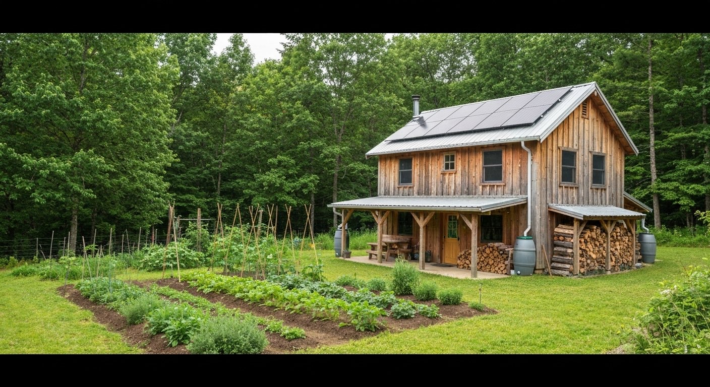 Off-grid cabin with solar panels and self-sufficient homestead