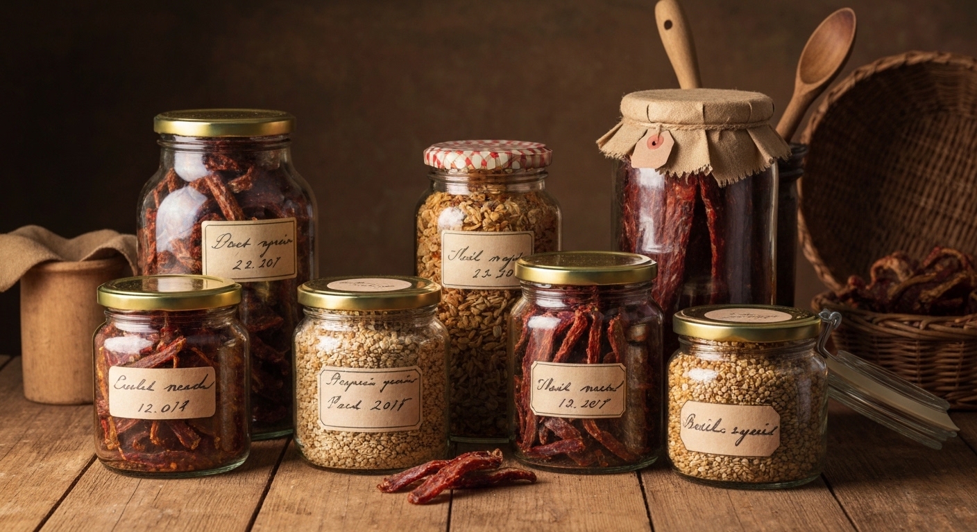 Traditional preserved foods in glass jars on rustic table