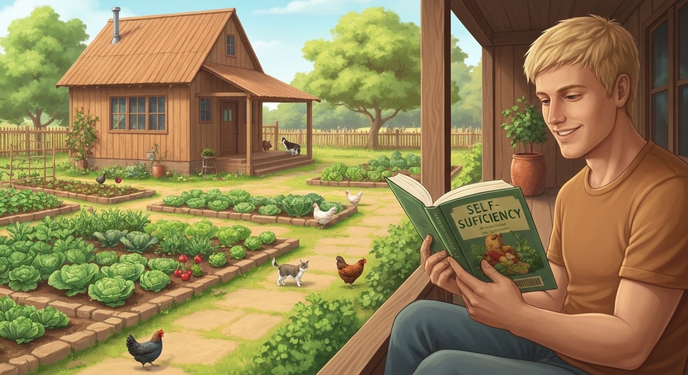 Person reading self-sufficiency book overlooking homestead