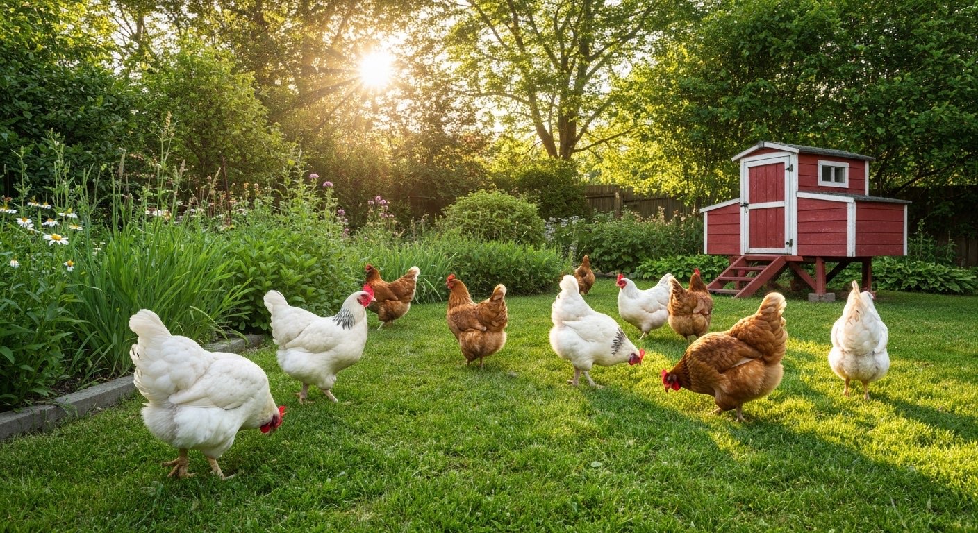 Free range chickens in backyard with red coop