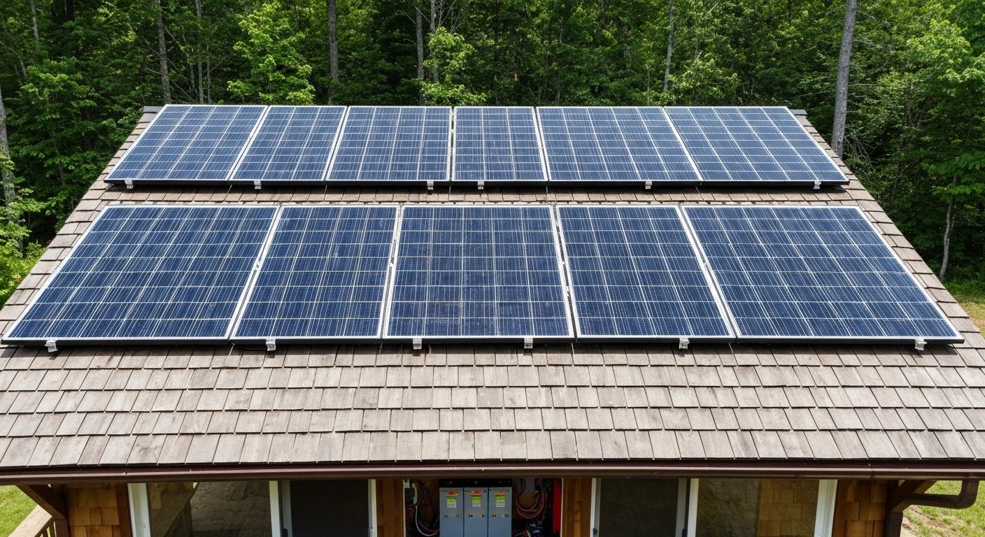 Off-grid solar panel system on cabin roof with battery bank