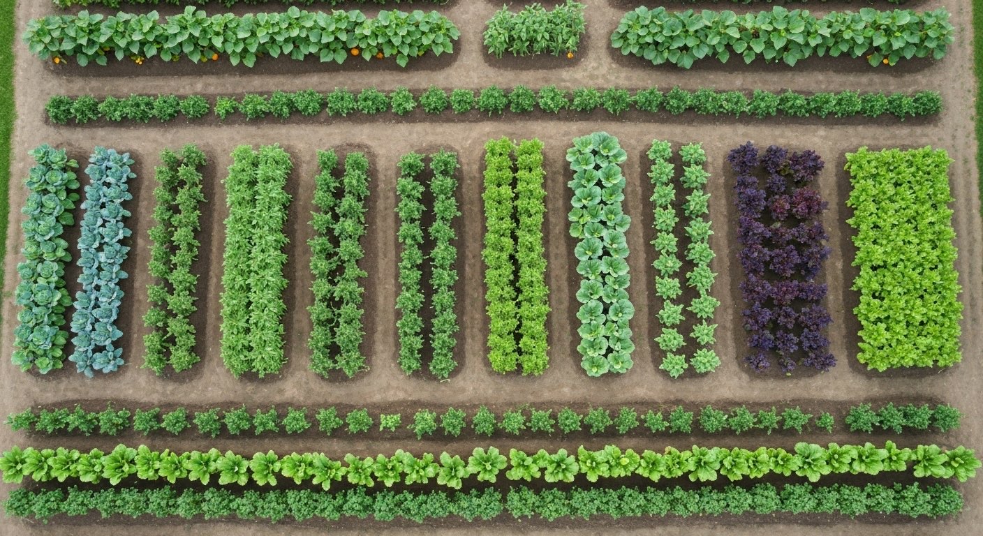 Abundant survival garden with rows of fresh vegetables