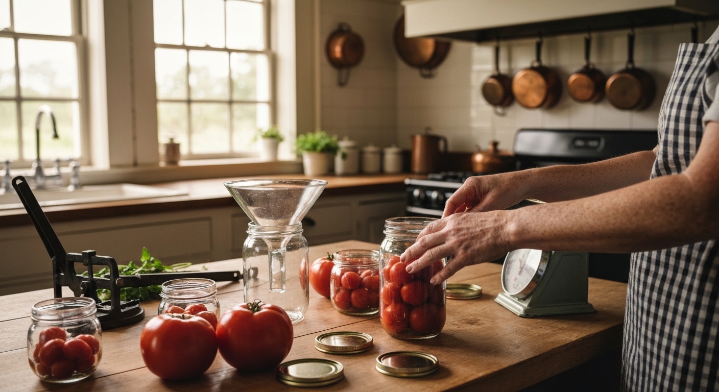 Hands canning tomatoes in farmhouse kitchen with mason jars