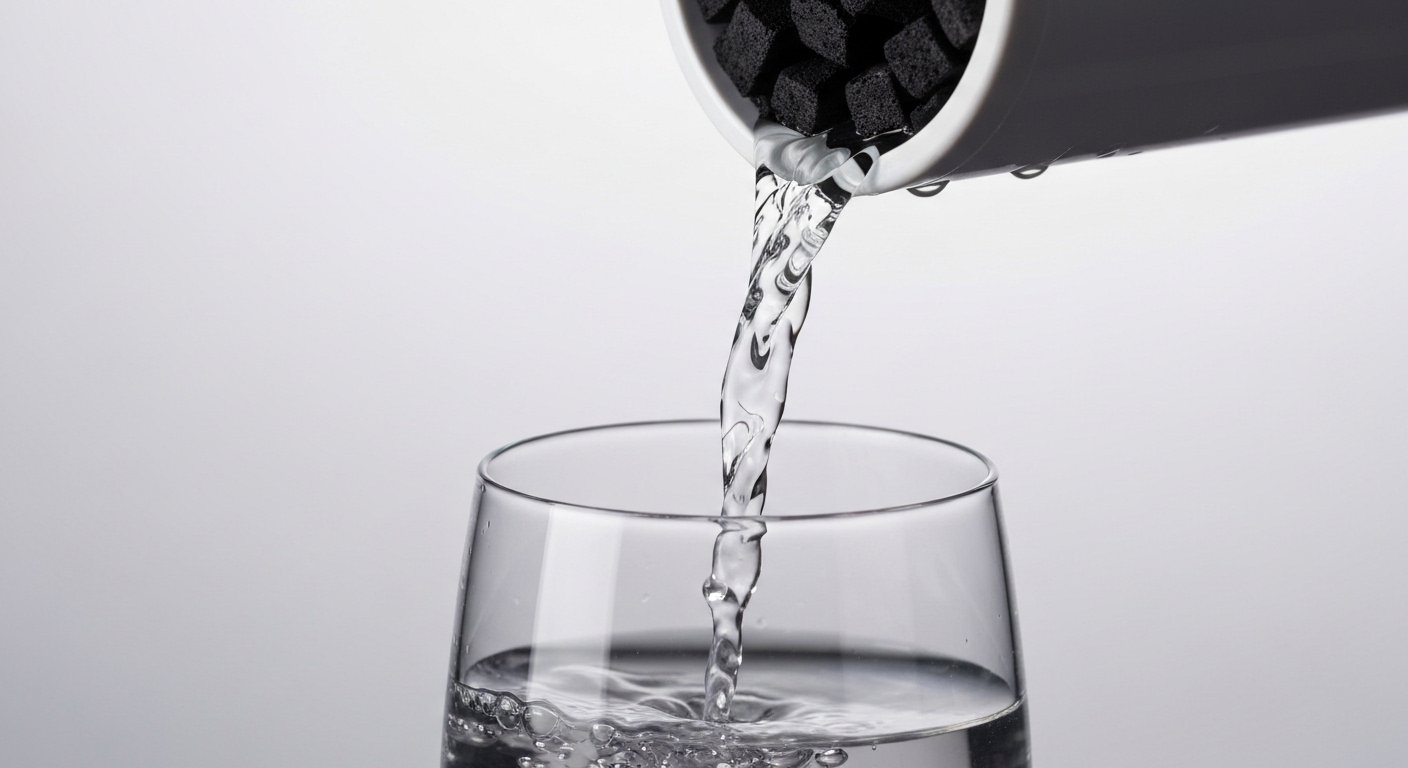 Water purification through charcoal filter into clean glass