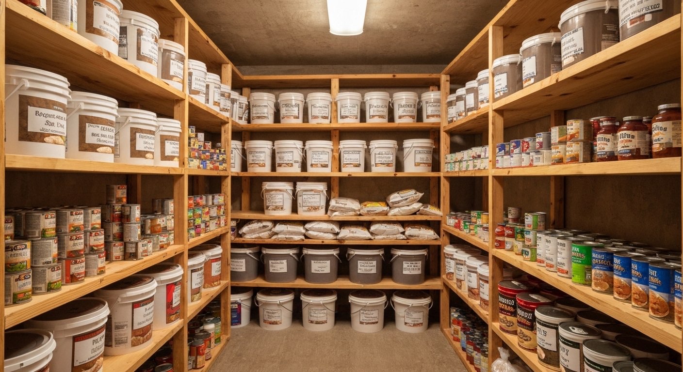 Well-organized long-term food storage pantry with labeled buckets