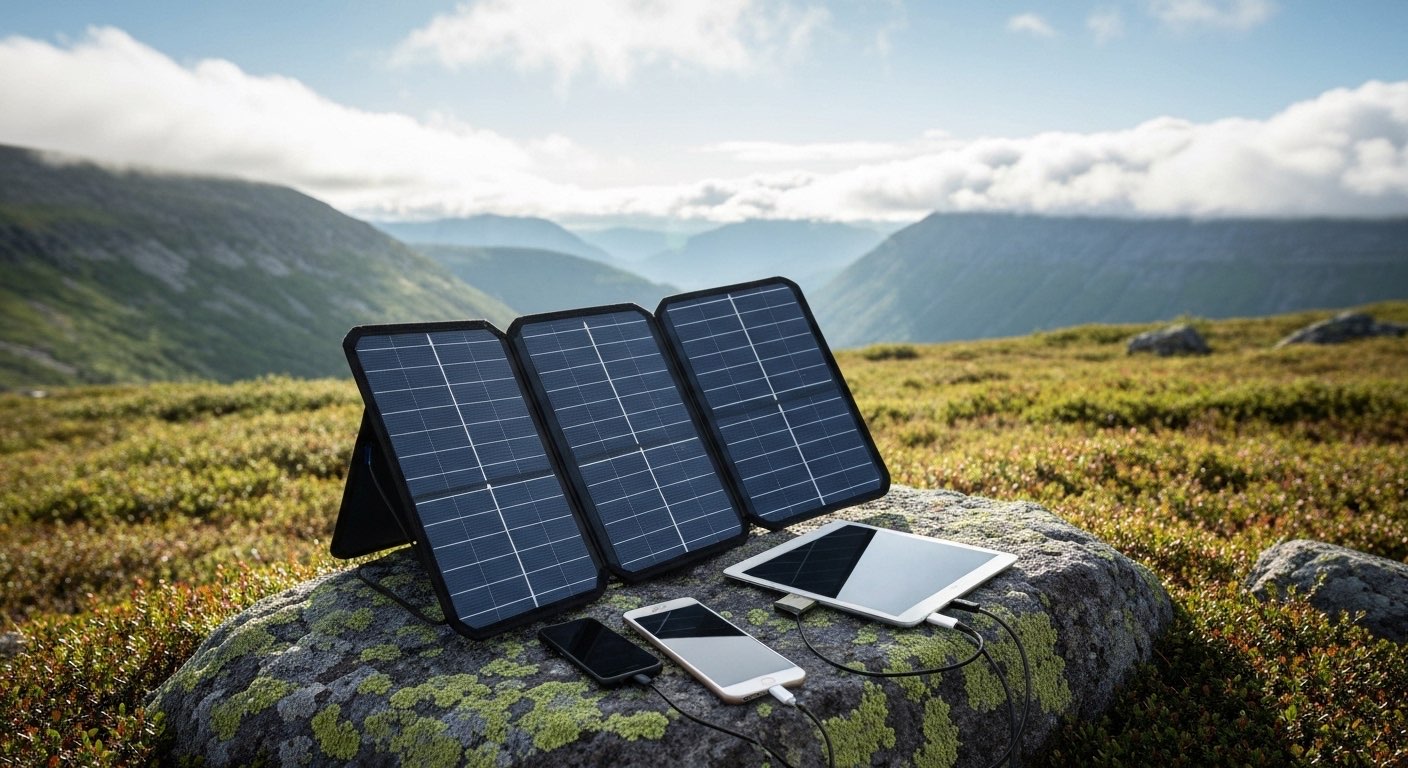 Foldable solar charger panel charging devices in wilderness