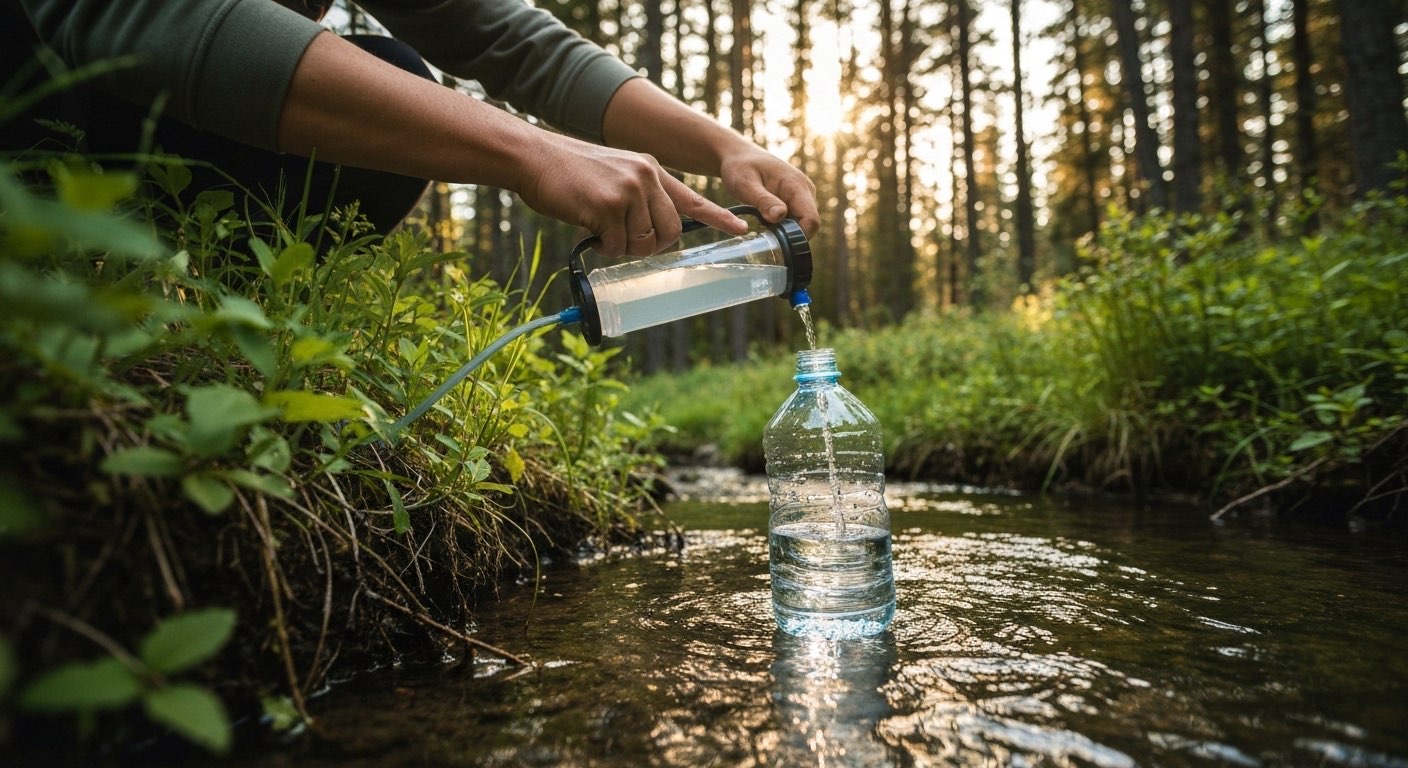Portable water filter purifying stream water outdoors