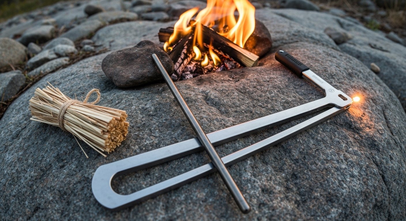 Fire starters including ferro rod and tinder near campfire
