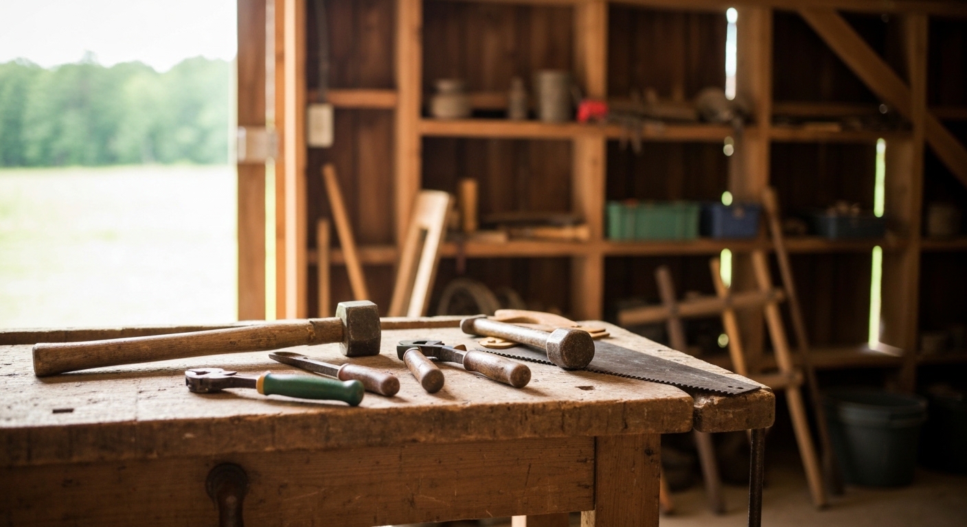 Collection of essential hand tools on workshop workbench