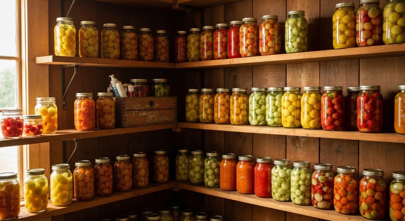 Mason jars of home canned vegetables and fruits on shelf