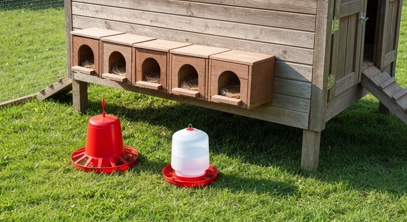 Chicken coop accessories including feeders and nesting boxes