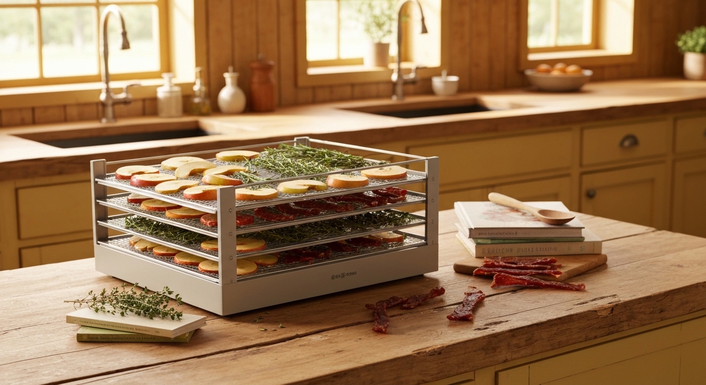 Food dehydrator with trays of fruits herbs and jerky