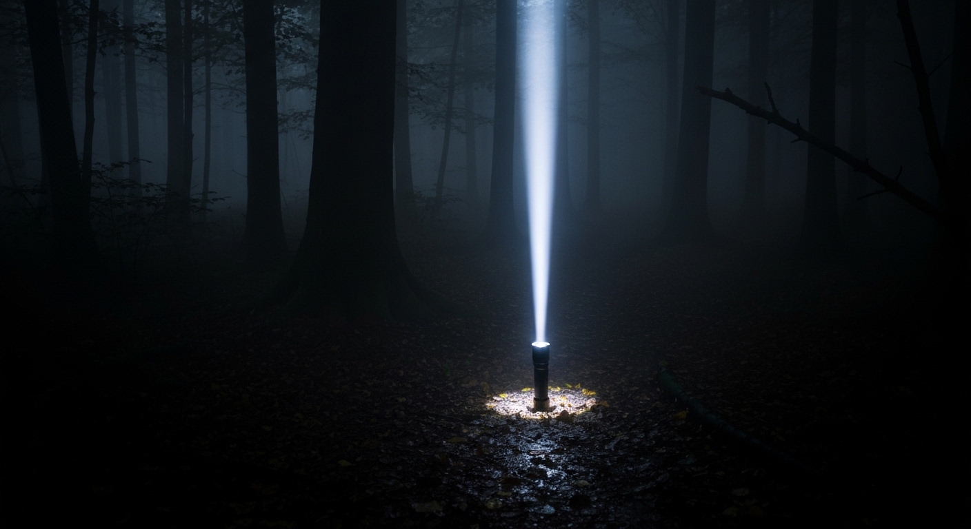 Tactical flashlight beam cutting through dark forest