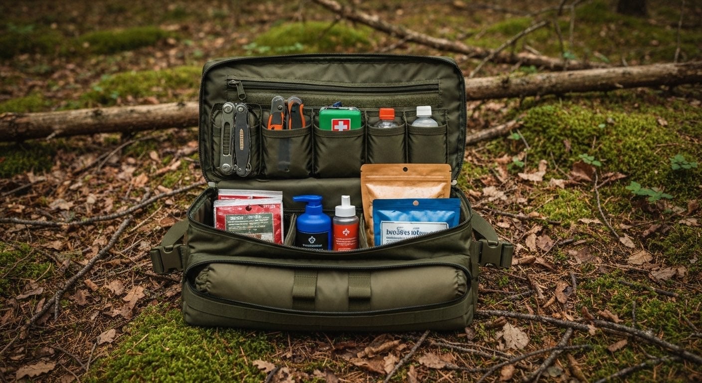 Packed bug out bag with organized survival gear and tools