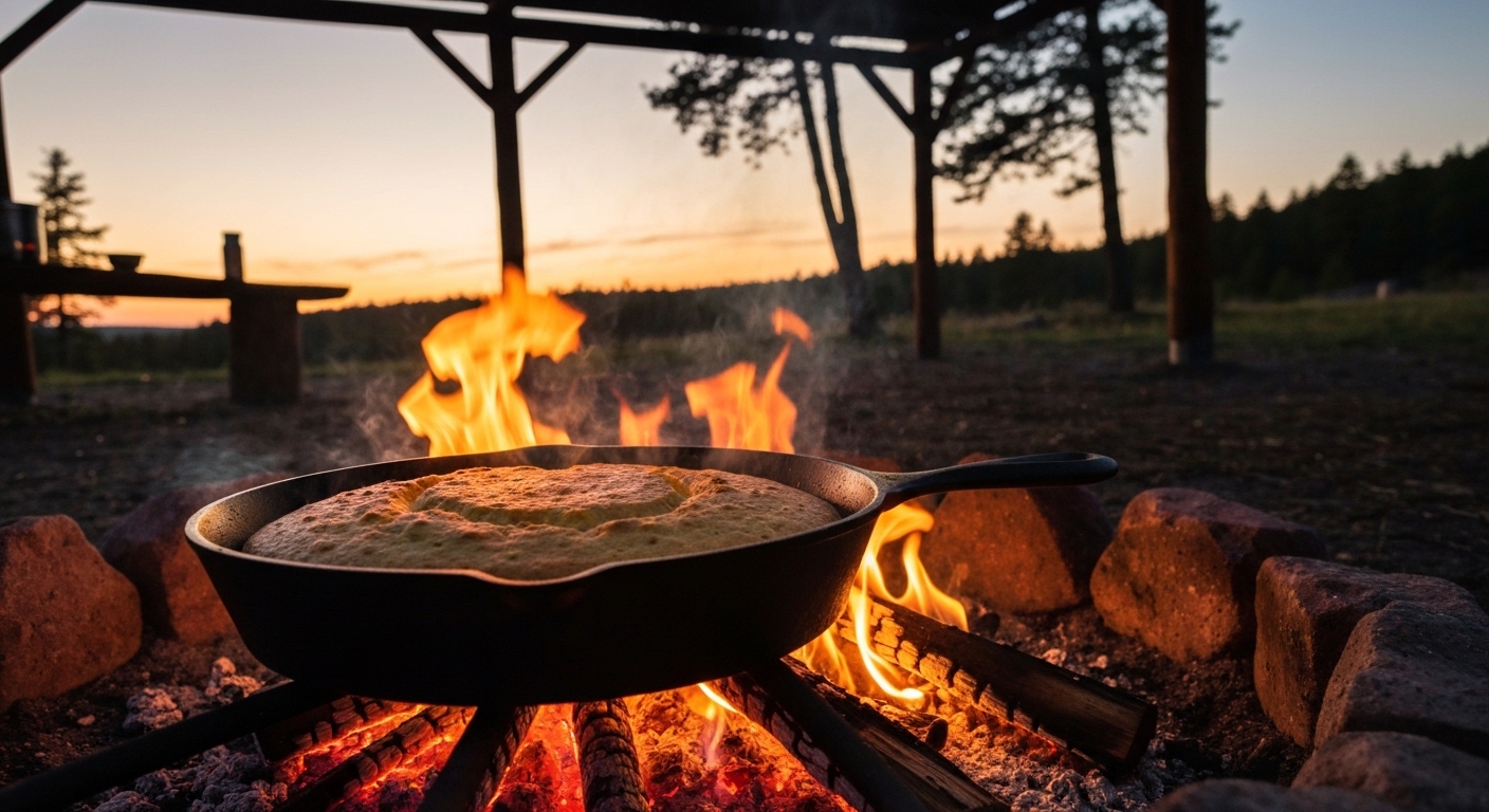 Seasoned cast iron skillet with cornbread over campfire