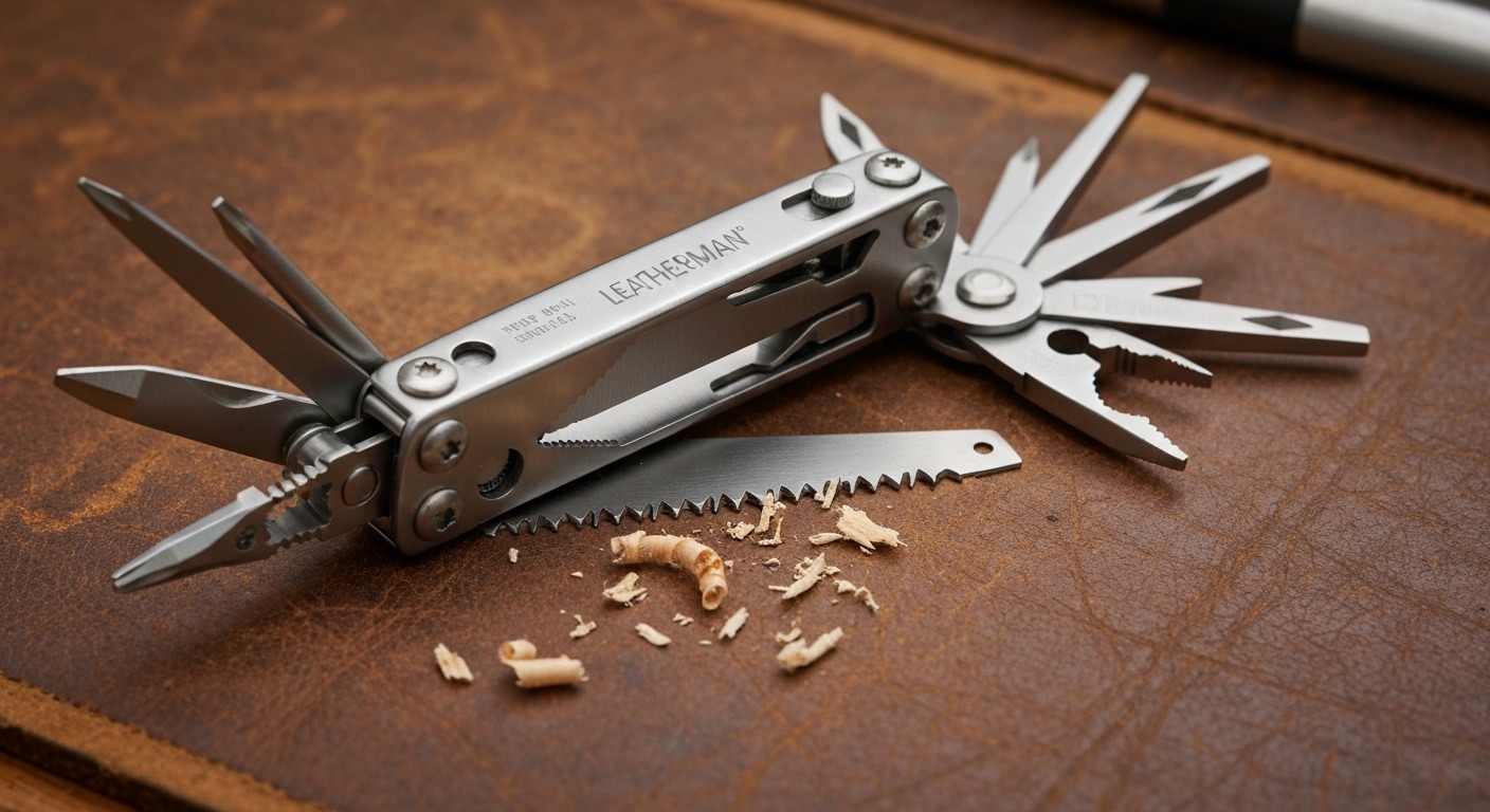 Leatherman multi-tool opened showing all tools on leather surface