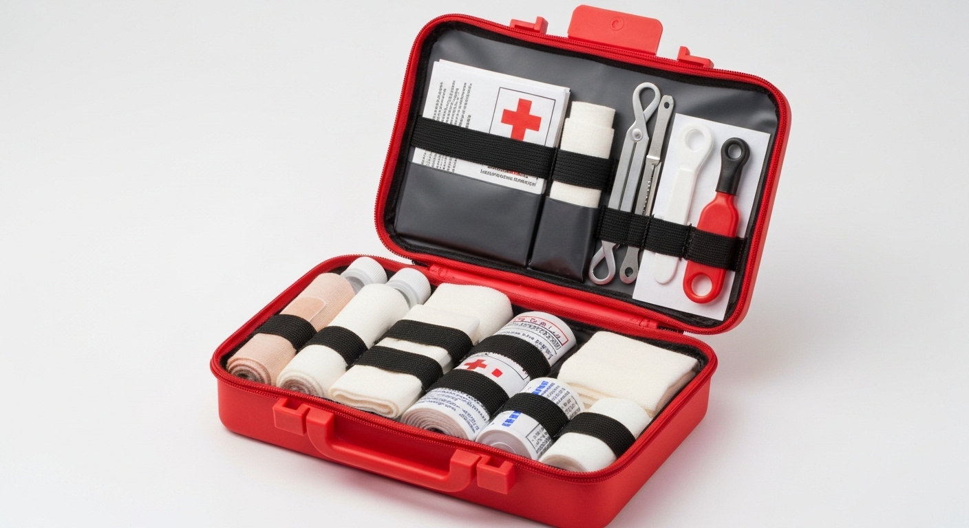 Red cross first aid kit open with organized medical supplies