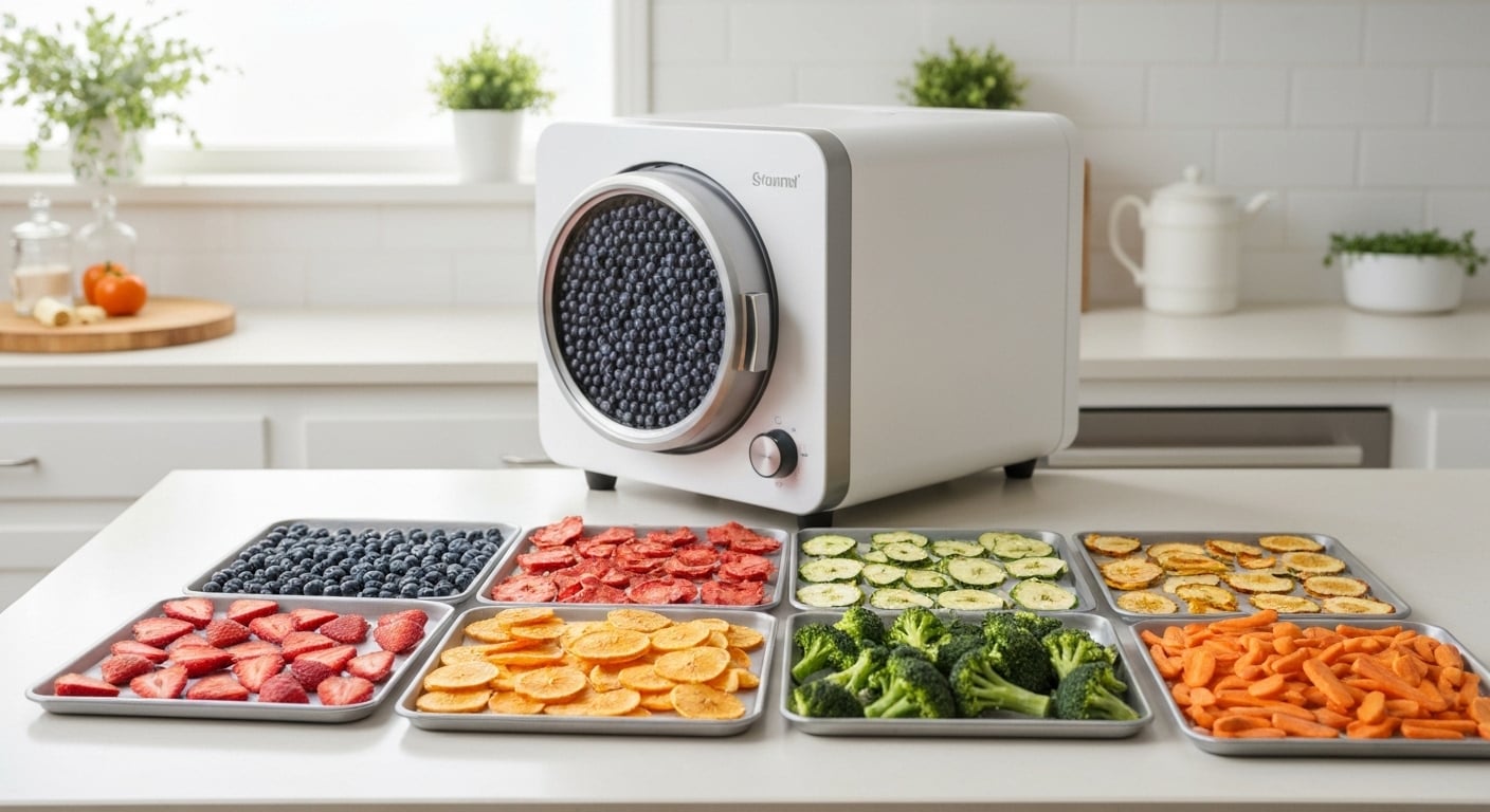 Home freeze dryer with colorful freeze dried fruits and vegetables
