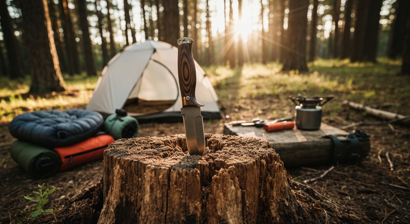 Fixed blade survival knife stuck in wooden stump in forest