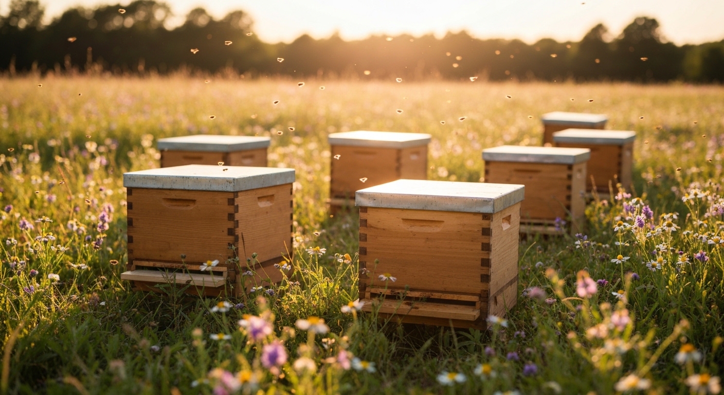 Wooden beehive boxes in flowering meadow with bees