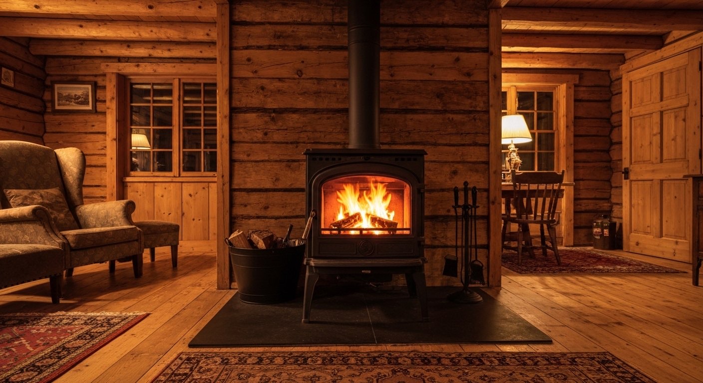 Cast iron wood burning stove with visible flames in cabin