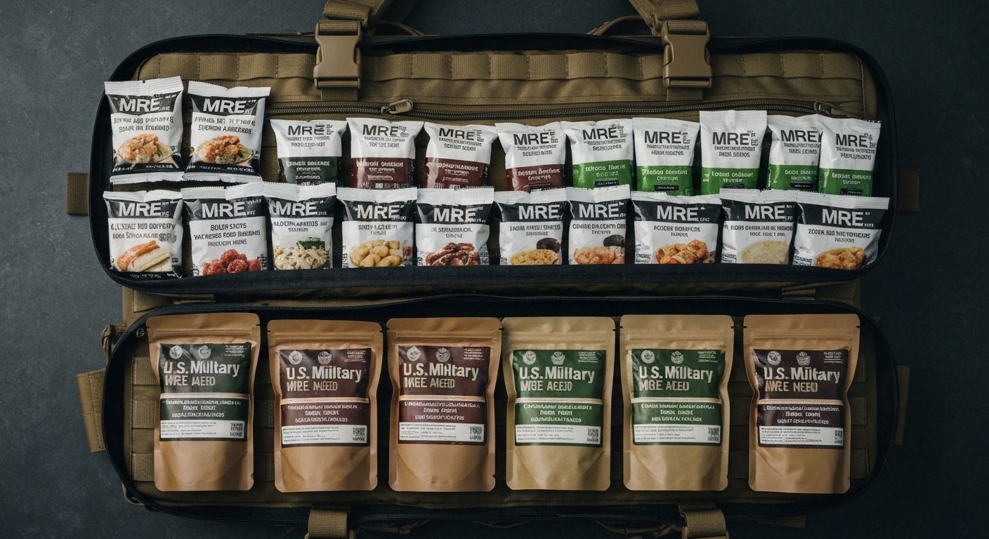 Military MRE packets and freeze dried meal pouches