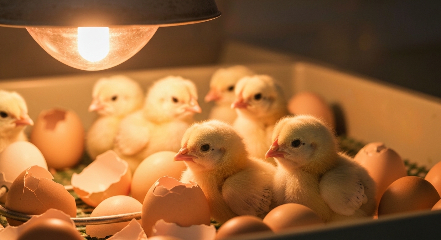 Baby chicks hatching from eggs in warm incubator