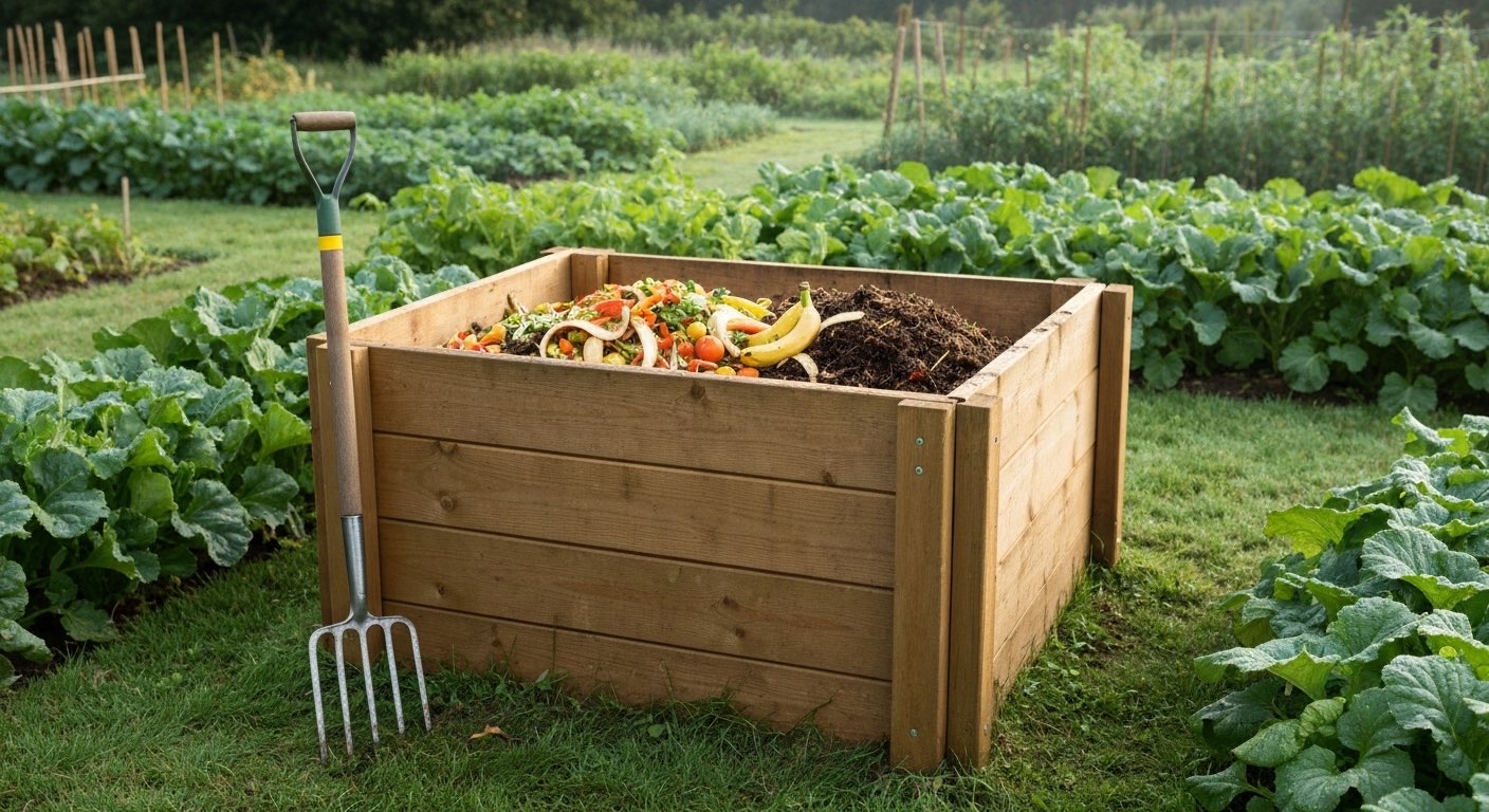 Wooden compost bin in garden with vegetable scraps and fork