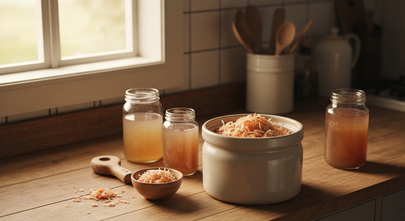 Ceramic fermentation crock with sauerkraut and kombucha jars