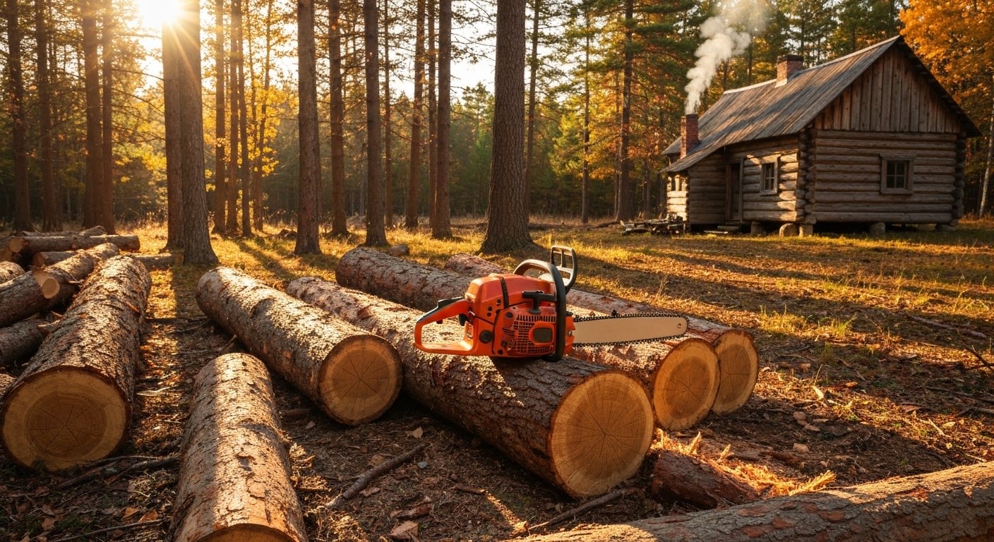 Orange chainsaw resting on freshly cut log pile in forest