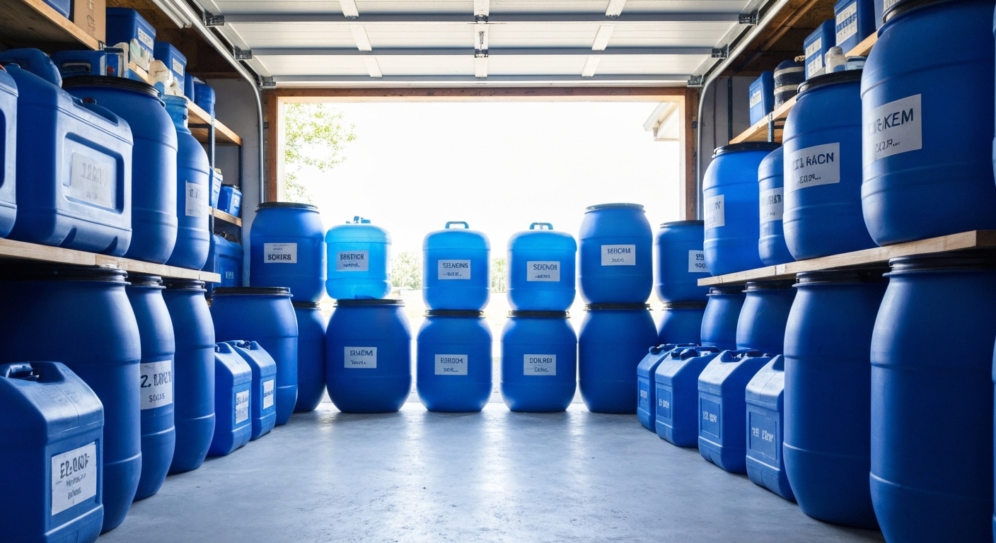Blue water storage barrels for emergency preparedness