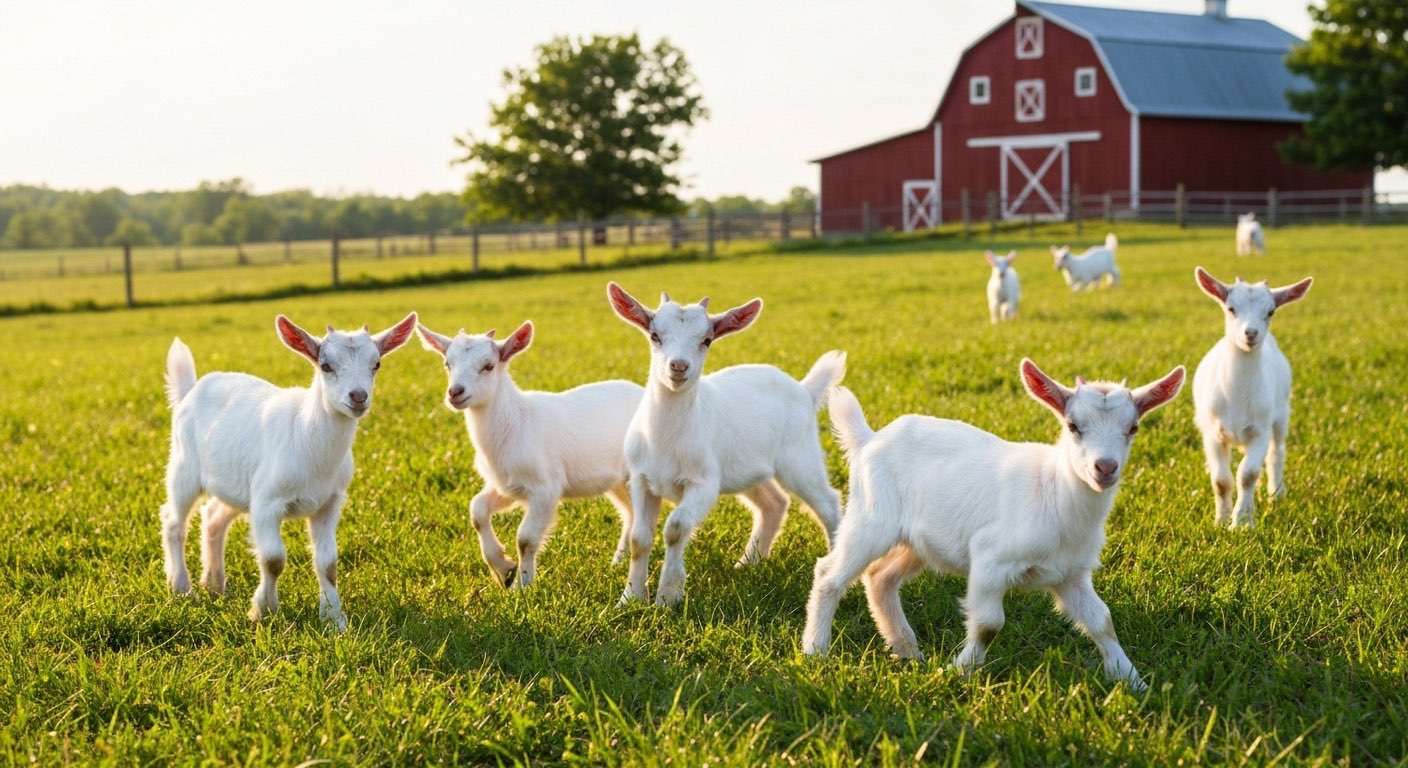 Cute baby goats in green pasture with red barn background