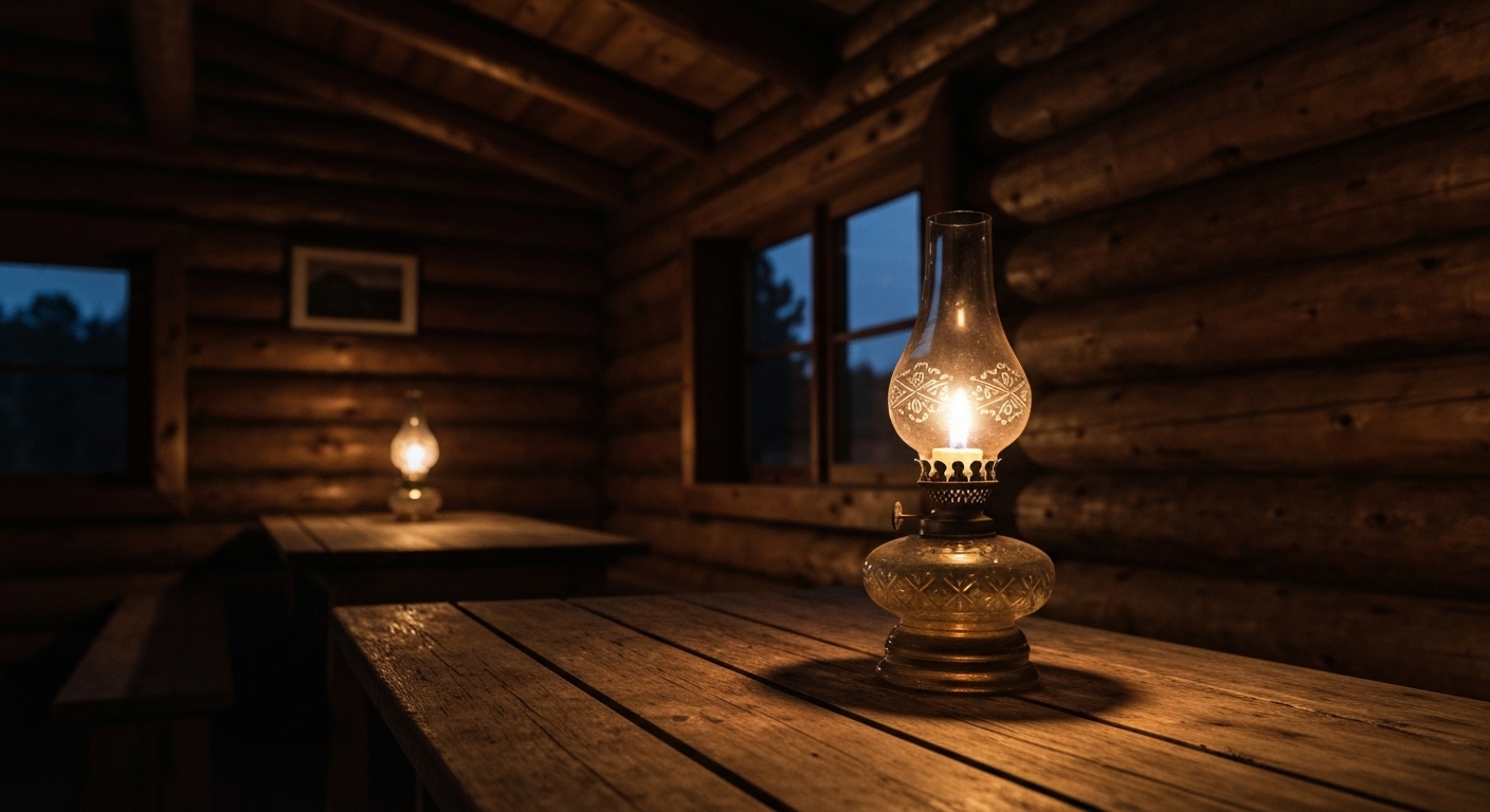 Antique oil lamp glowing warmly in dark rustic cabin