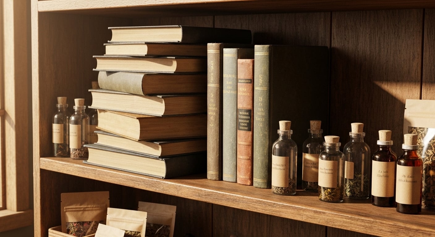 Stack of natural medicine and herbalism books with dried herbs