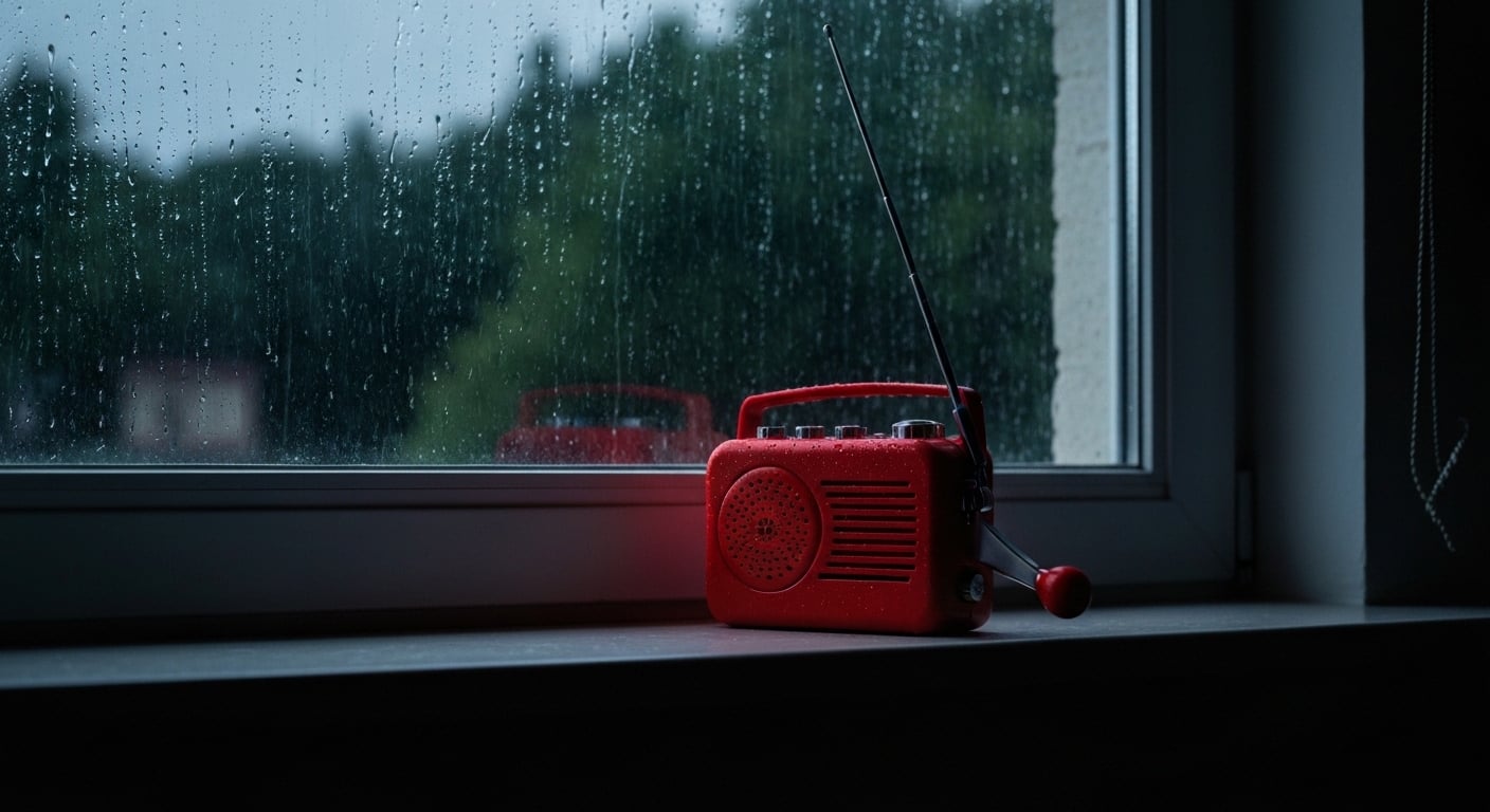 Red hand crank emergency radio on windowsill during rainstorm