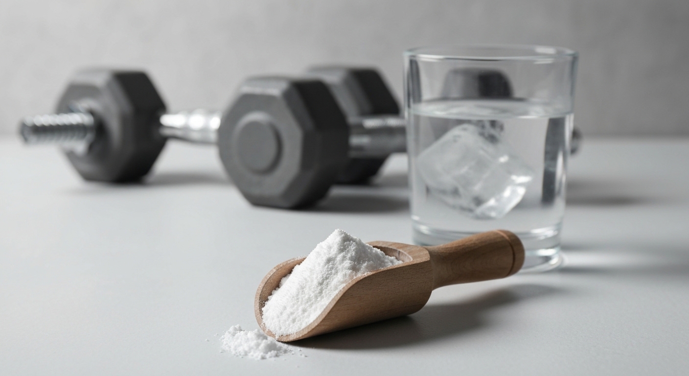 Creatine supplement powder with glass of water and dumbbells