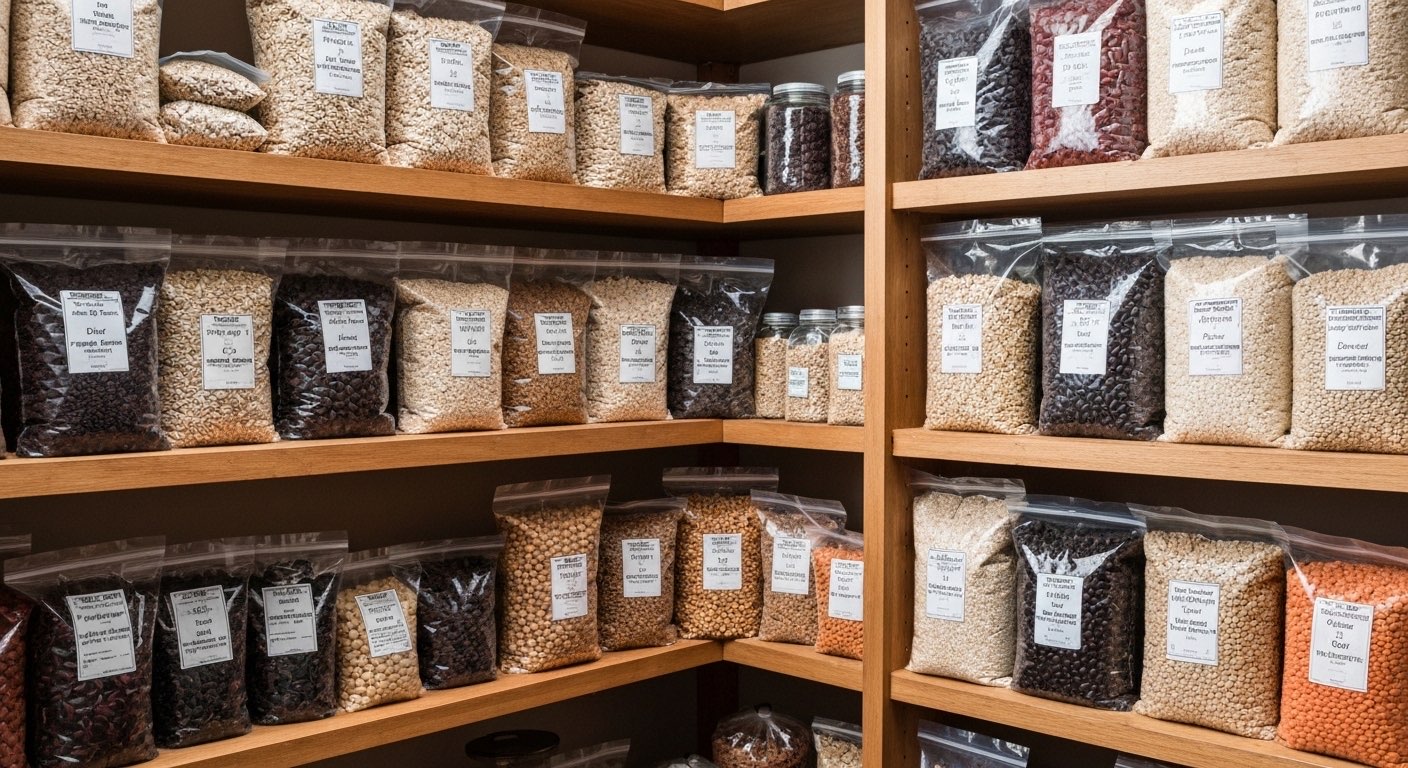 Mylar bags filled with dried grains and beans for food storage