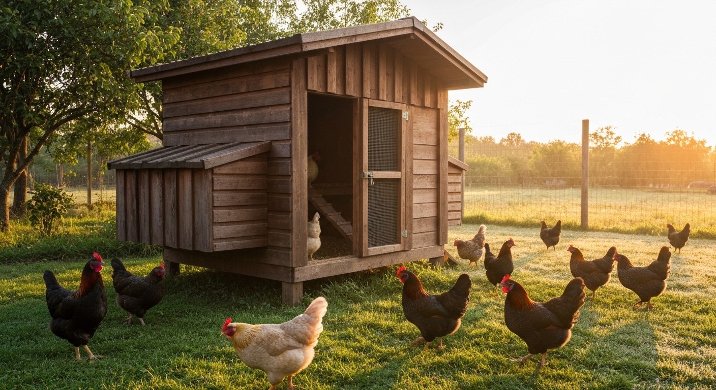 Rustic wooden chicken coop with free range chickens in yard