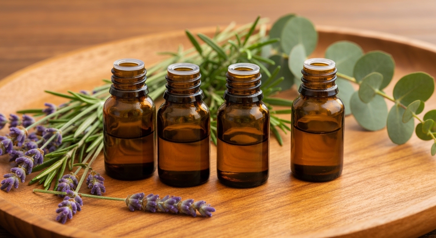 Amber essential oil bottles with lavender and rosemary sprigs