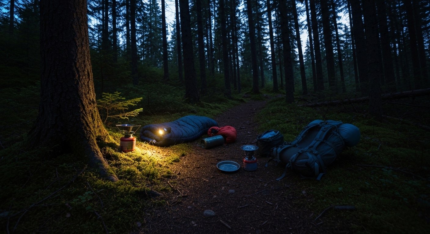 LED headlamp illuminating dark forest trail at dusk