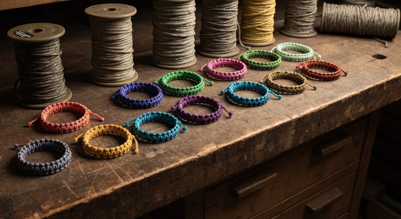 Colorful braided paracord bracelets and survival cordage spools