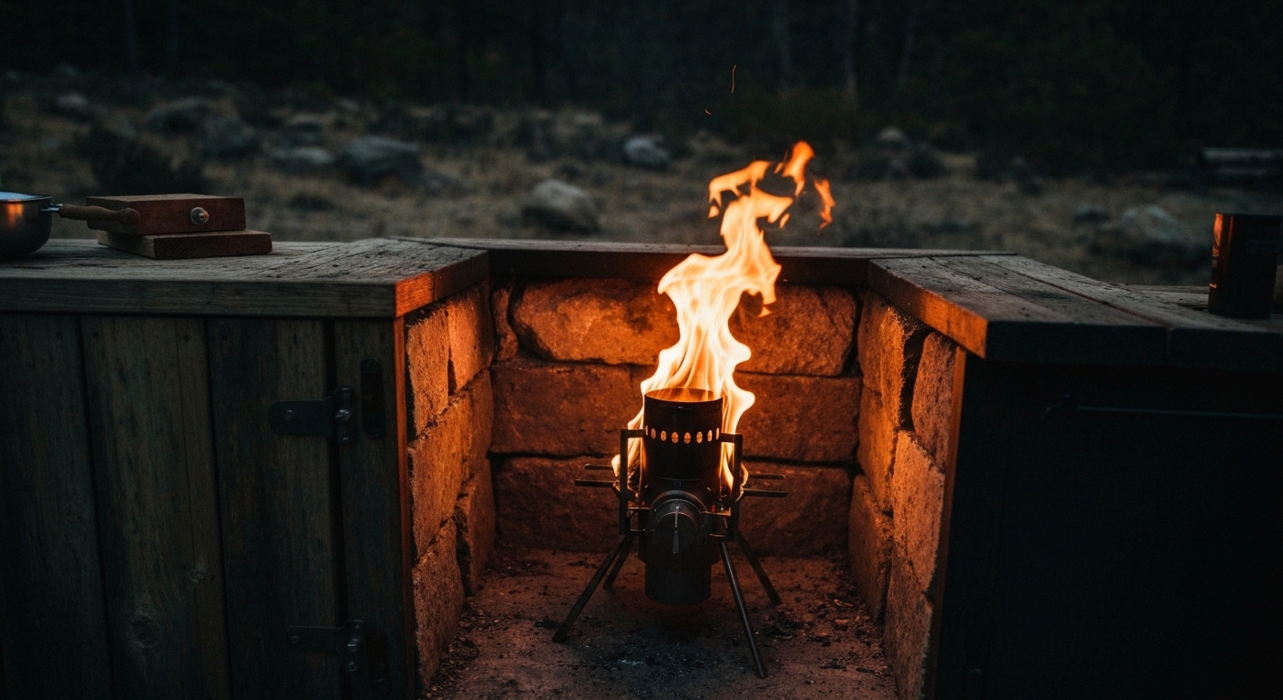 Compact rocket stove with flames in outdoor camp kitchen