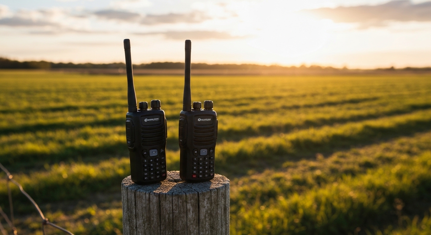 Two-way walkie-talkie radios on weathered rural fence post