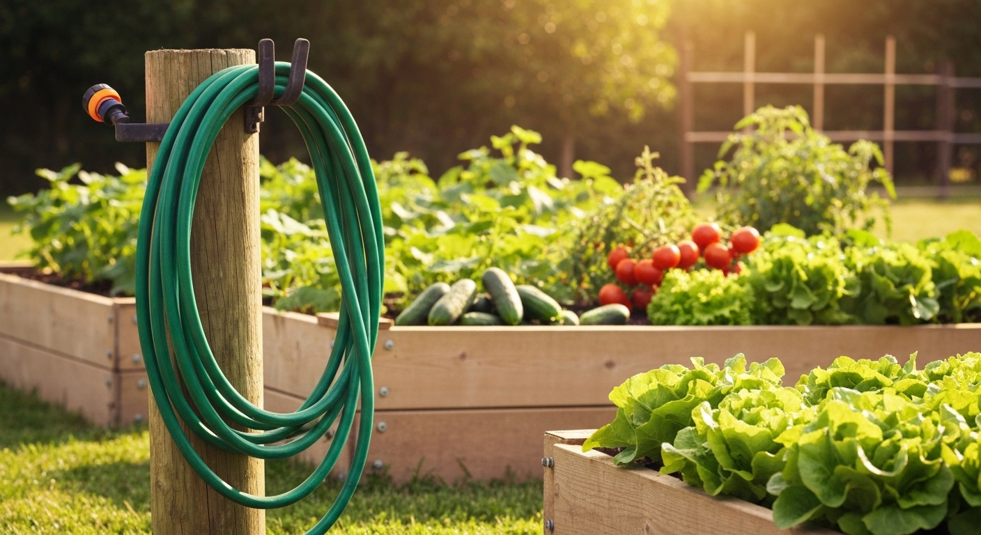 Green garden hose coiled next to raised vegetable beds