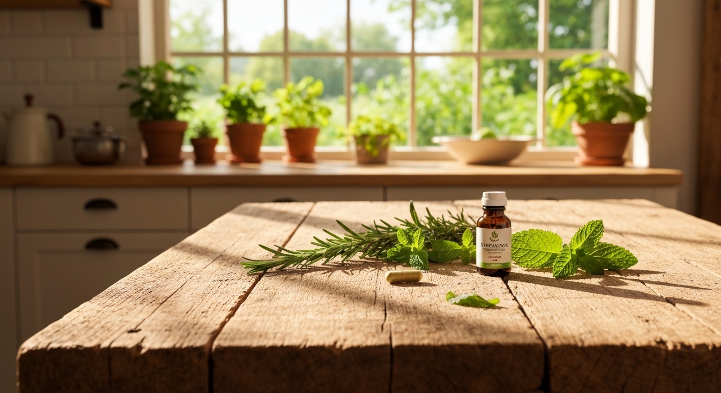 Natural GLP-3 supplement drops on table with herbs and garden